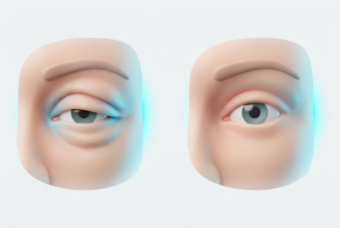Illustration comparing a heavy, hooded upper eyelid before blepharoplasty with an open, refreshed eyelid after surgery